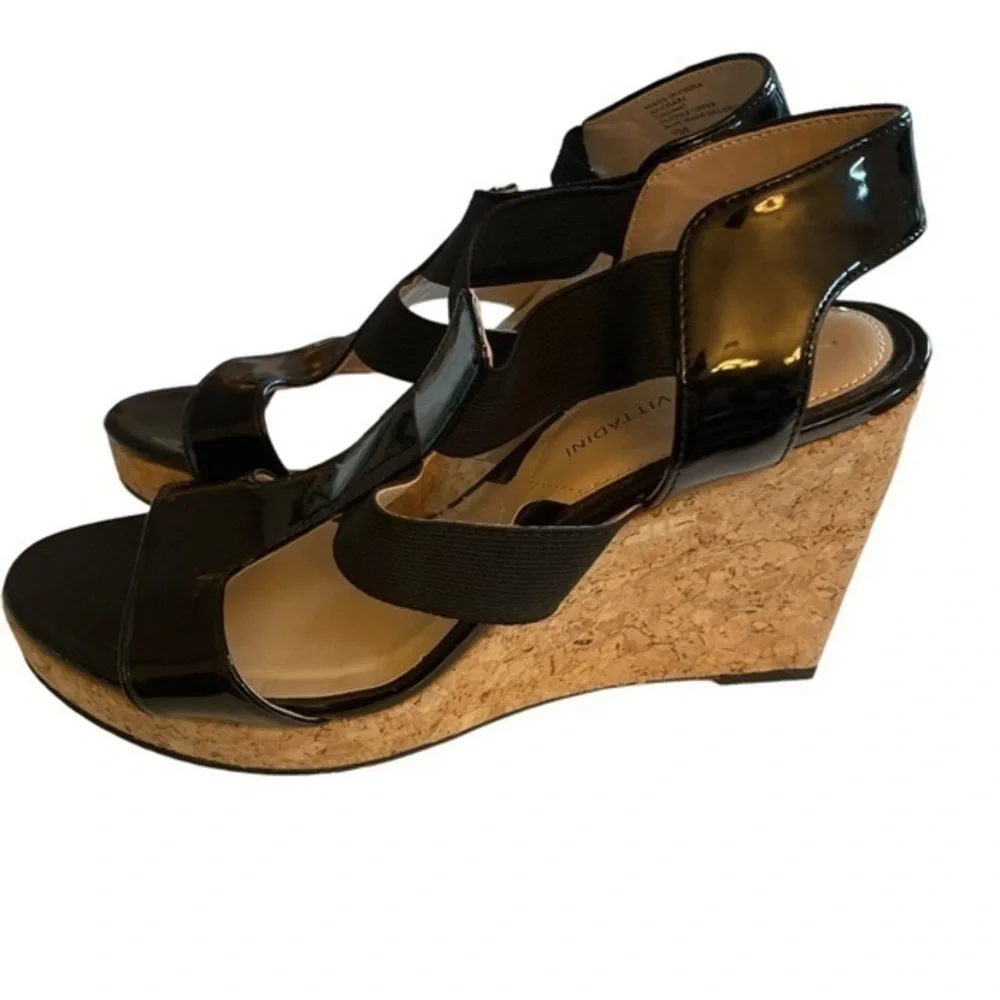 Adrienne Vittadini Chari Cork‎ Wedge Platform Strappy Sandals Black 9 NWOB